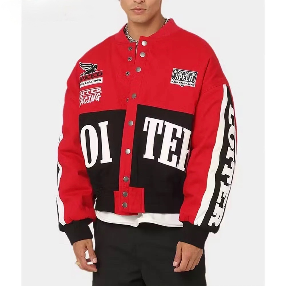 Loiter Racing Jacket Red Black Moto Streetwear Bomber Jacket Size M Y2K - Picture 4 of 13